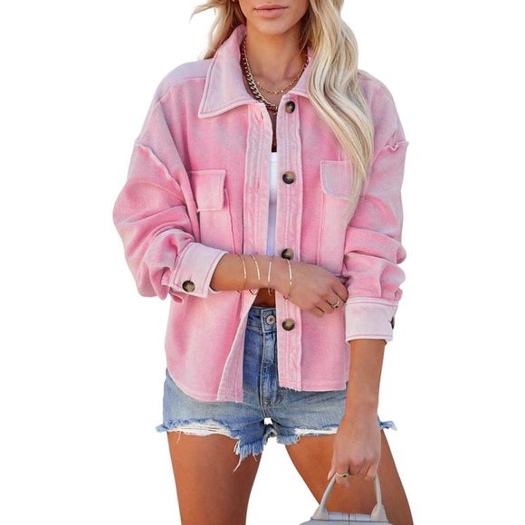 Azura Exchange  Pink Turn-Down Collar Pockets Shirt Jacket - Picture 4 of 5